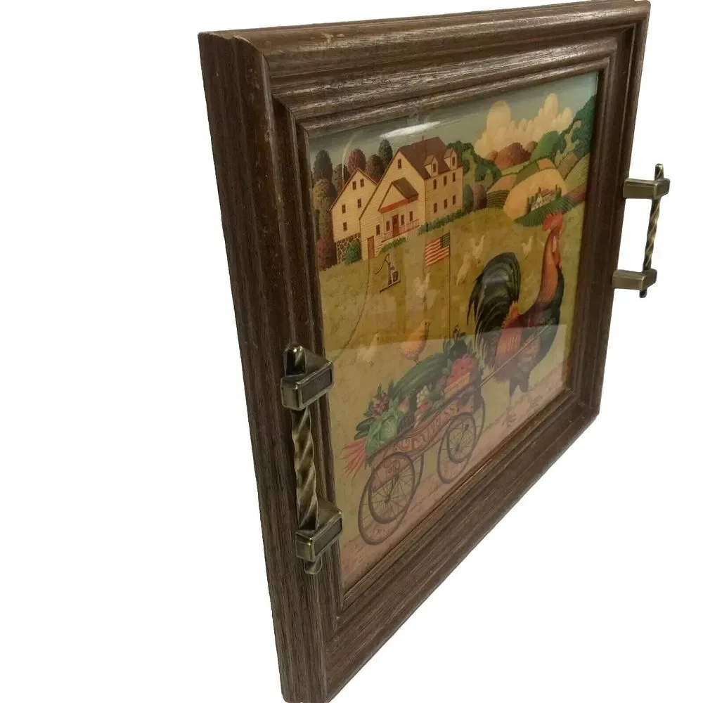 VTG Charles Wysocki Rooster Express Wood Lacquered Service Tray Wall Art Cottage